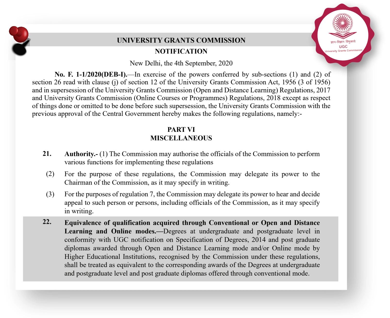 UGC notification dated 4 September 2020, including Regulation 22 on equivalence of qualifications awarded through recognised online, distance and conventional modes